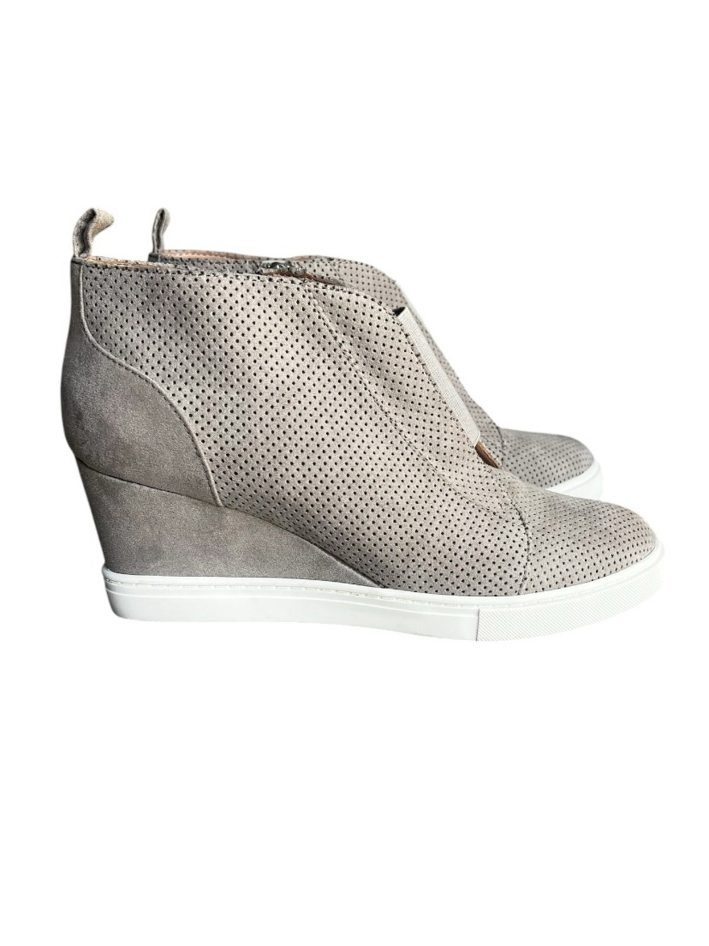Linea Paolo Felicia Gray Suede Wedge Sneaker Bootie Sz 7 Perforated Platform